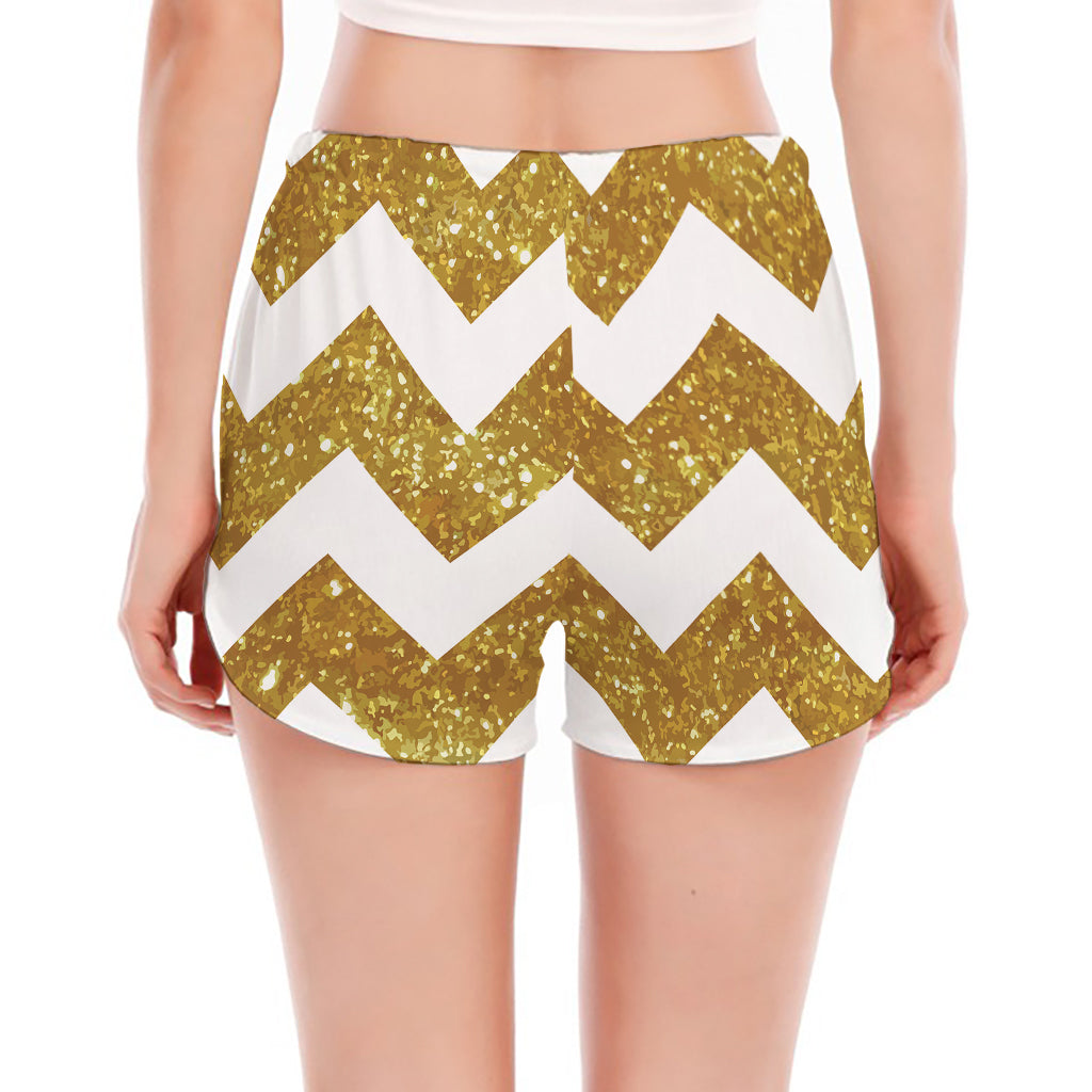 Gold And White Chevron Pattern Print Women's Split Running Shorts