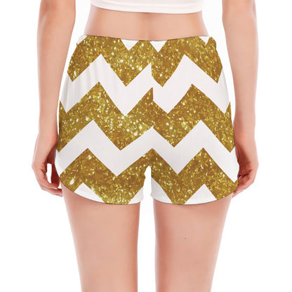 Gold And White Chevron Pattern Print Women's Split Running Shorts