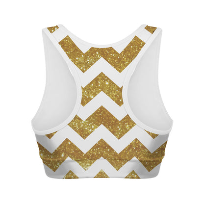 Gold And White Chevron Pattern Print Women's Sports Bra