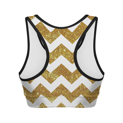 Gold And White Chevron Pattern Print Women's Sports Bra