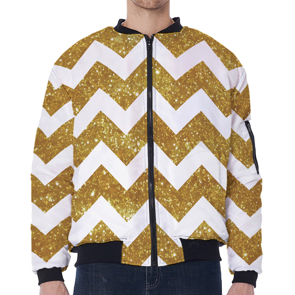 Gold And White Chevron Pattern Print Zip Sleeve Bomber Jacket