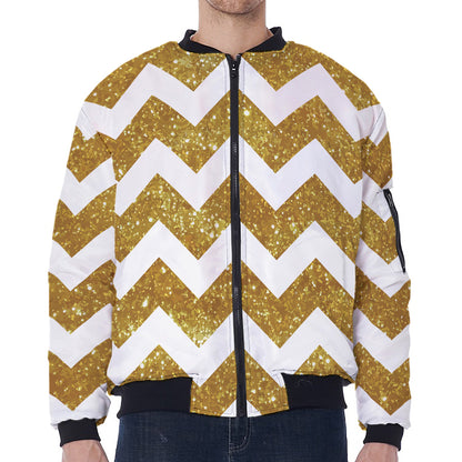 Gold And White Chevron Pattern Print Zip Sleeve Bomber Jacket