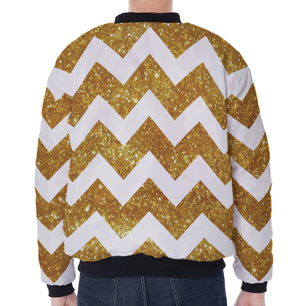 Gold And White Chevron Pattern Print Zip Sleeve Bomber Jacket