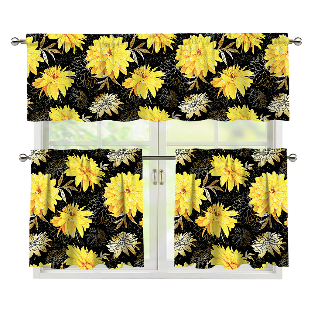 Gold And Yellow Floral Print 3 Piece Kitchen Curtains