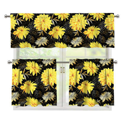 Gold And Yellow Floral Print 3 Piece Kitchen Curtains