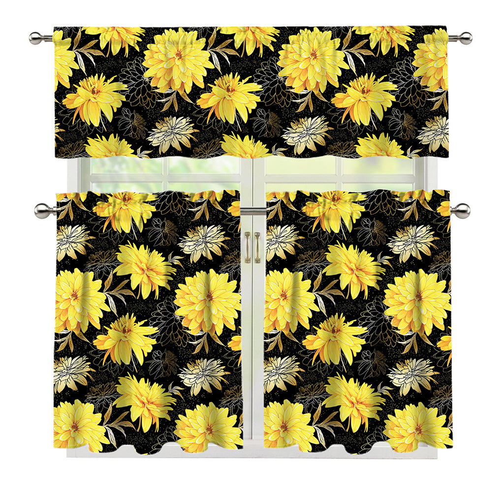 Gold And Yellow Floral Print 3 Piece Kitchen Curtains