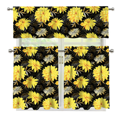 Gold And Yellow Floral Print 3 Piece Kitchen Curtains
