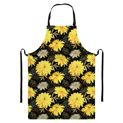 Gold And Yellow Floral Print Bib Apron With Pocket