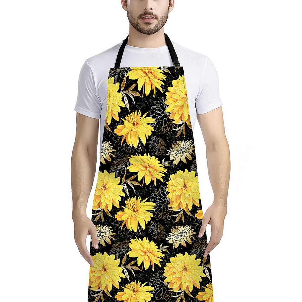 Gold And Yellow Floral Print Bib Apron With Pocket