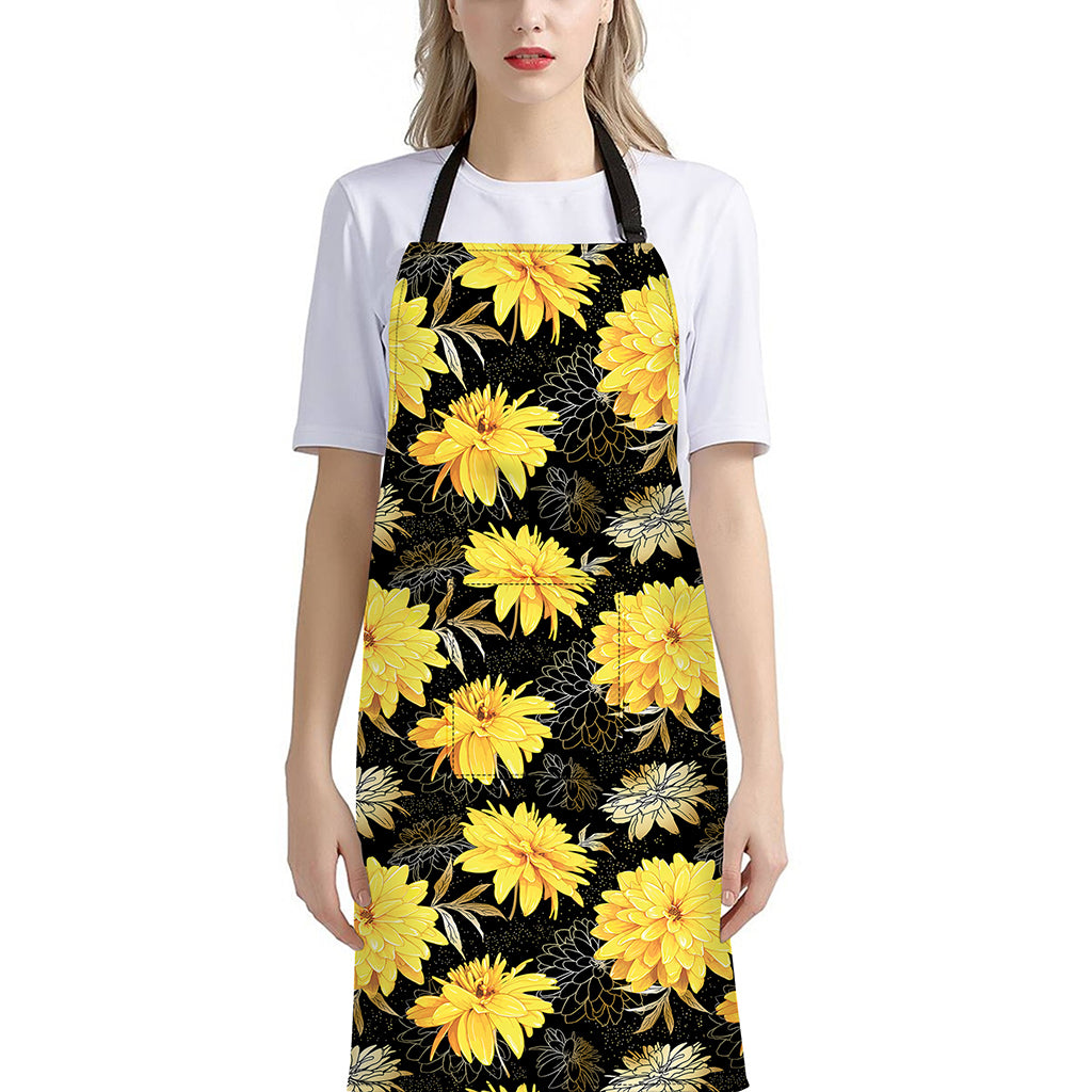 Gold And Yellow Floral Print Bib Apron With Pocket