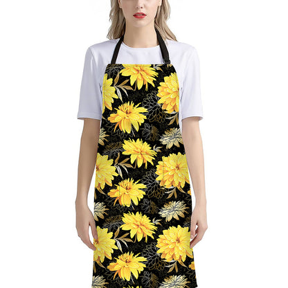 Gold And Yellow Floral Print Bib Apron With Pocket