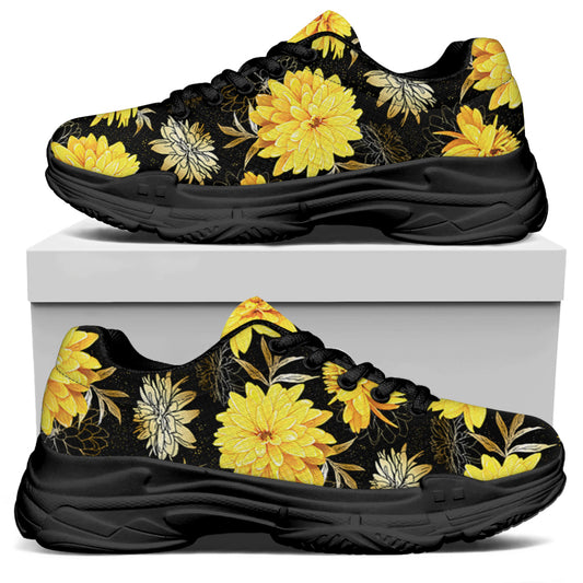 Gold And Yellow Floral Print Black Chunky Shoes