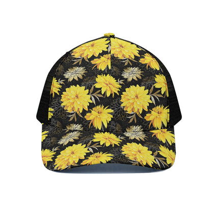 Gold And Yellow Floral Print Black Mesh Trucker Cap