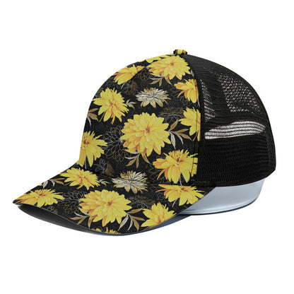 Gold And Yellow Floral Print Black Mesh Trucker Cap