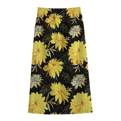 Gold And Yellow Floral Print Cotton Front Slit Maxi Skirt