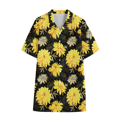 Gold And Yellow Floral Print Cotton Hawaiian Shirt
