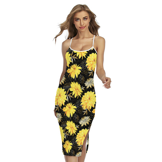 Gold And Yellow Floral Print Cross Back Cami Dress