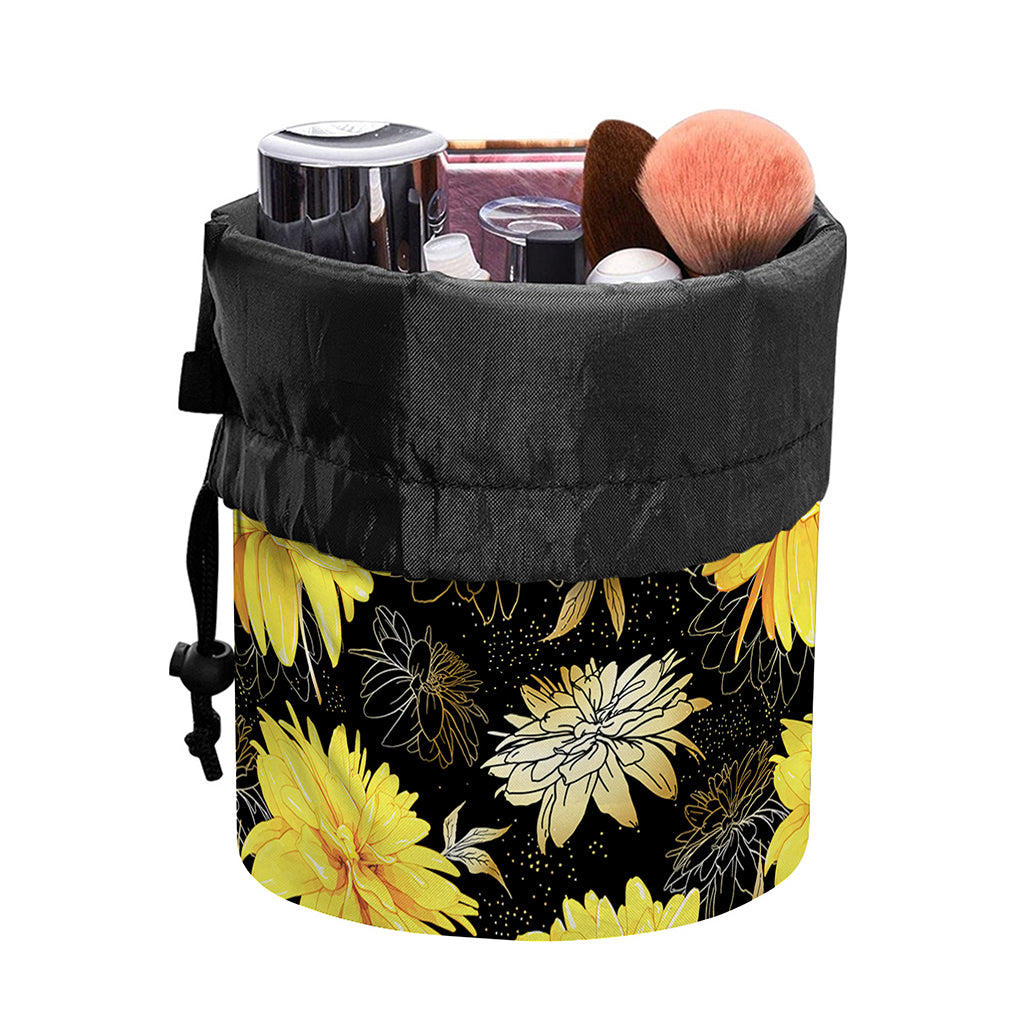Gold And Yellow Floral Print Drawstring Makeup Bag