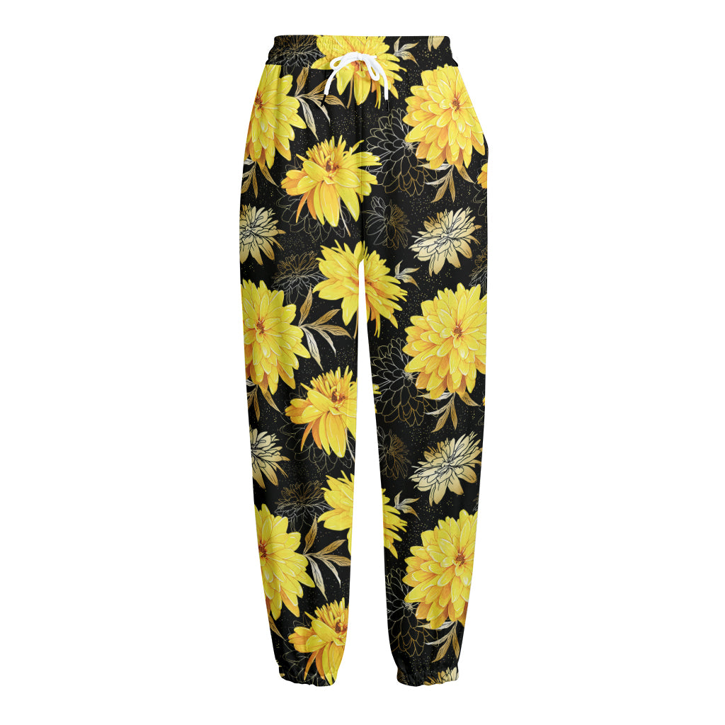 Gold And Yellow Floral Print Fleece Lined Knit Pants