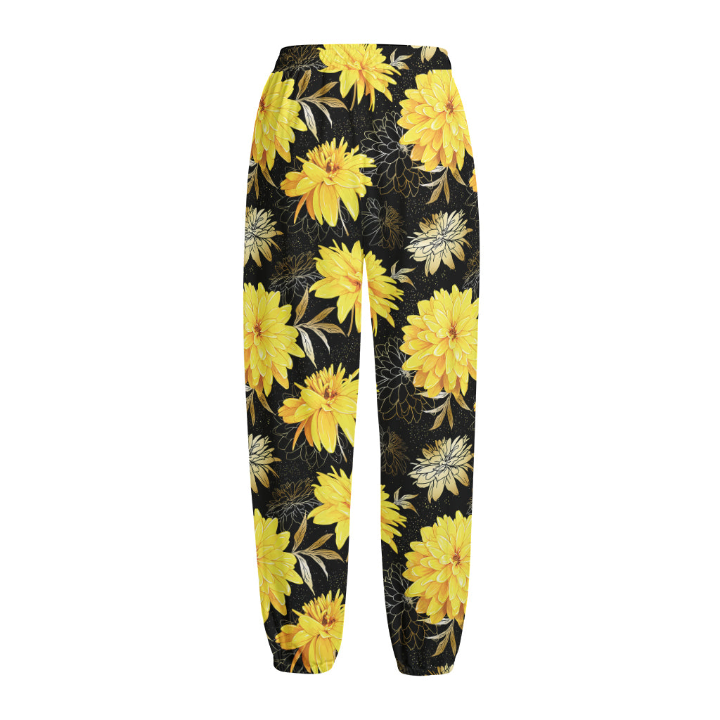 Gold And Yellow Floral Print Fleece Lined Knit Pants
