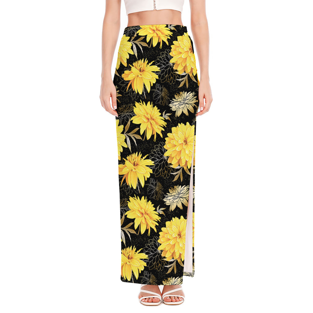 Gold And Yellow Floral Print High Slit Maxi Skirt