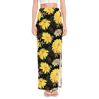Gold And Yellow Floral Print High Slit Maxi Skirt