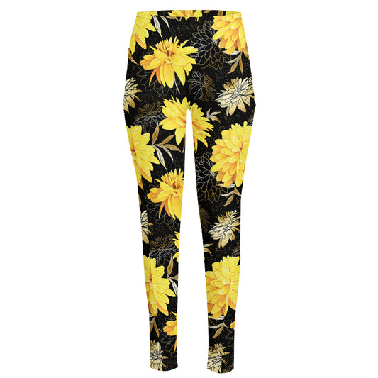 Gold And Yellow Floral Print High-Waisted Pocket Leggings