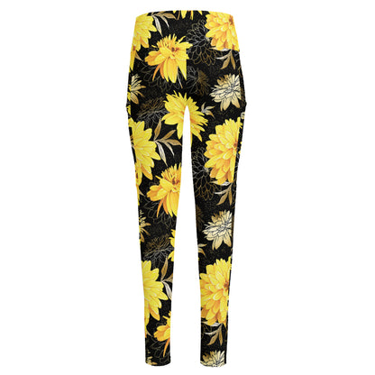Gold And Yellow Floral Print High-Waisted Pocket Leggings