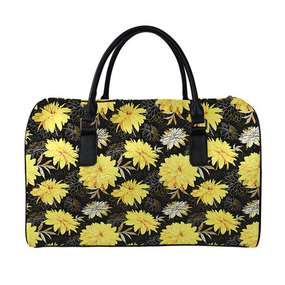 Gold And Yellow Floral Print Leather Duffle Bag