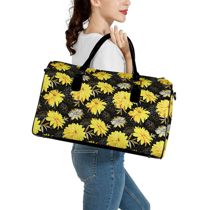 Gold And Yellow Floral Print Leather Duffle Bag