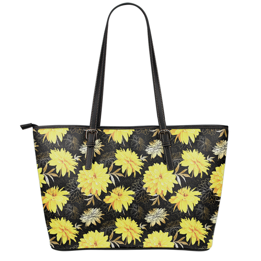 Gold And Yellow Floral Print Leather Tote Bag