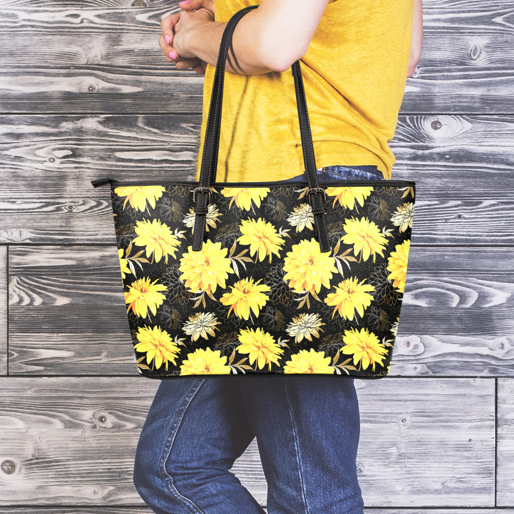 Gold And Yellow Floral Print Leather Tote Bag