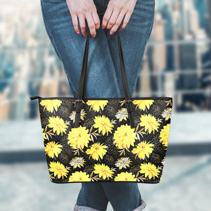 Gold And Yellow Floral Print Leather Tote Bag