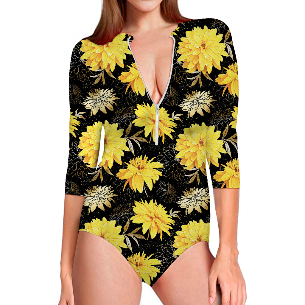 Gold And Yellow Floral Print Long Sleeve Swimsuit