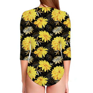 Gold And Yellow Floral Print Long Sleeve Swimsuit