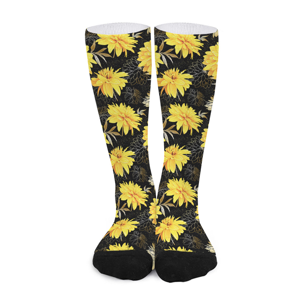 Gold And Yellow Floral Print Long Socks