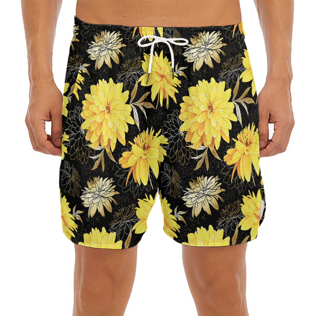 Gold And Yellow Floral Print Men's Split Running Shorts