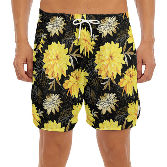 Gold And Yellow Floral Print Men's Split Running Shorts