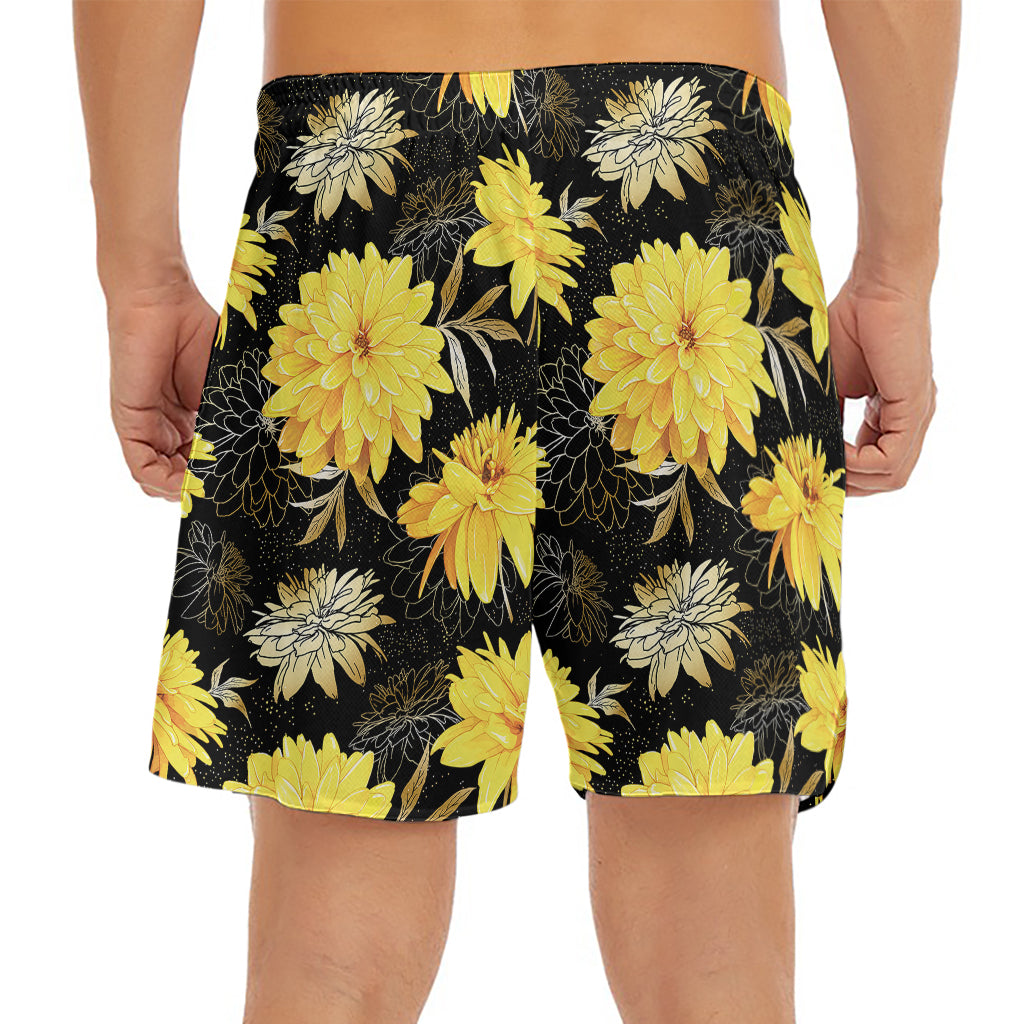 Gold And Yellow Floral Print Men's Split Running Shorts