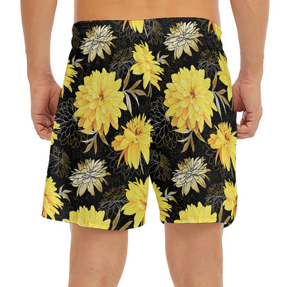 Gold And Yellow Floral Print Men's Split Running Shorts