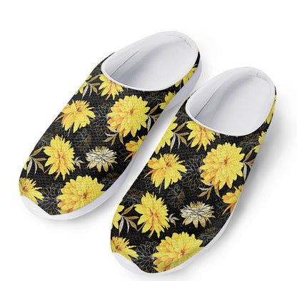 Gold And Yellow Floral Print Mesh Casual Shoes