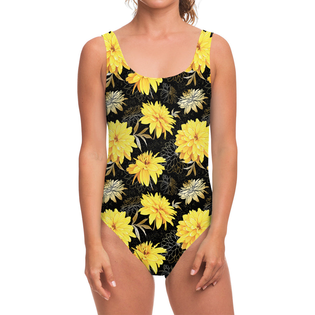 Gold And Yellow Floral Print One Piece Swimsuit
