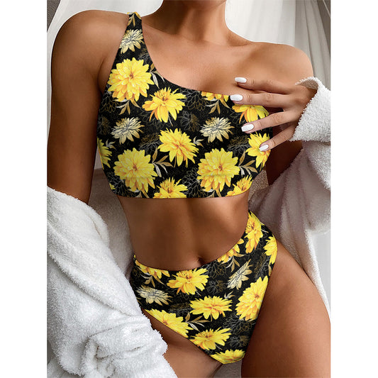 Gold And Yellow Floral Print One Shoulder Bikini Top