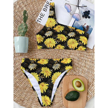 Gold And Yellow Floral Print One Shoulder Bikini Top
