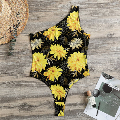 Gold And Yellow Floral Print One Shoulder Bodysuit