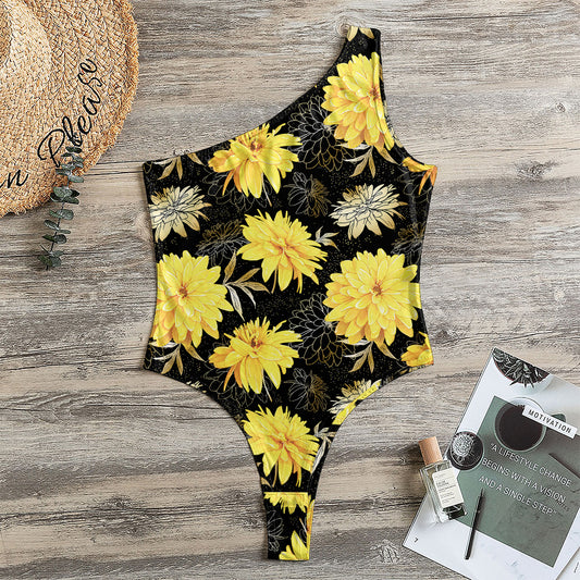 Gold And Yellow Floral Print One Shoulder Bodysuit