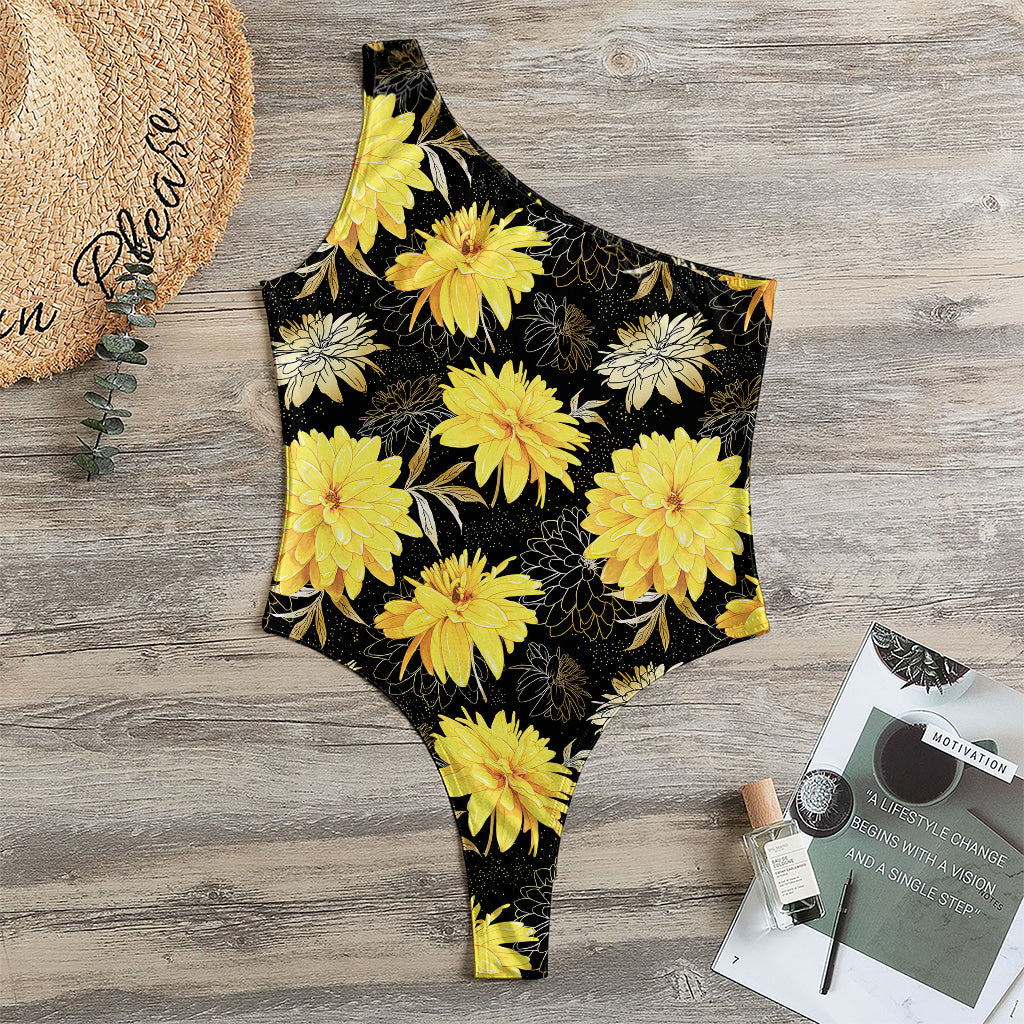 Gold And Yellow Floral Print One Shoulder Bodysuit