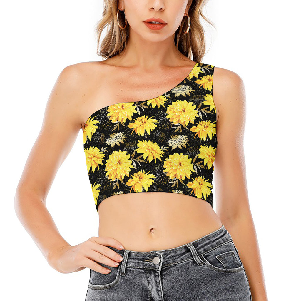 Gold And Yellow Floral Print One Shoulder Crop Top