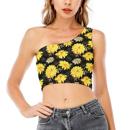 Gold And Yellow Floral Print One Shoulder Crop Top