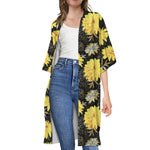 Gold And Yellow Floral Print Open Front Beach Cover Up
